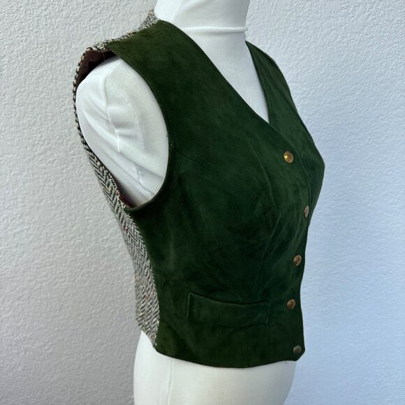 Country Set Vtg Suede Tweed Leather Vest Size 9 Green 60s 70s Festival Western - Picture 3 of 16